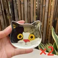 Set of 2 cute calico cat ceramic condiment dishes with hand-painted whiskered faces - Black and Brown Spotted White Cat