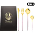 Détails de couverts en acier inoxydable rose et or avec boîte cadeau noire premium - Or Rose