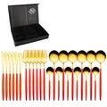 Détail de la ménagère 24 pièces rouge et or avec fourchettes, couteaux et cuillères en coffret - Or Rose Rouge