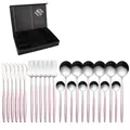 Ménagère 24 pièces avec manches rose mat et têtes en acier poli dans un coffret noir - Argent Rose