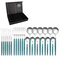 Détail du service de couverts 24 pièces en acier inox avec manches turquoise et coffret - Argent Vert