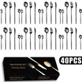 Macro shot of 40-piece matte black stainless steel cutlery set with elegant gift box - Titanium Black