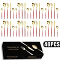 Detailed close-up of 40-piece red and gold stainless steel cutlery set with black gift box - Rose Gold Red