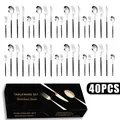 Detailed view of a 40-piece stainless steel cutlery set with black matte handles and box - Black Silver