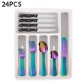 Set posate da 24 pezzi arcobaleno in acciaio inox con manici neri e vassoio organizzatore - Scatola Portaoggetti Colorata *1 + Set Di Stoviglie Da 6 Pezzi *4
