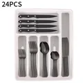 24-piece matte black stainless steel cutlery set with a white and grey storage organizer - Basic Collection (Titanium Black)