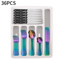 36-piece rainbow stainless steel cutlery set with black riveted handles in drawer organizer - Colorful Storage Box *1 + 6-piece Dinnerware Set *6