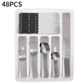 48-piece stainless steel cutlery set with black handles in white storage organizer tray - Extended Collection (Silver)