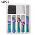 48pcs rainbow stainless steel cutlery set with black handles and white drawer organizer - Colorful [storage Box *1 + 6-piece Dinnerware Set *8]