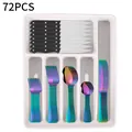 72-piece rainbow stainless steel cutlery set with black handle steak knives in storage tray - Full Collection (Rainbow)