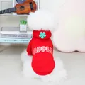 Dettaglio felpa rossa per cani con stampa Apple e fiore decorativo sul cappuccio - S / Rosso