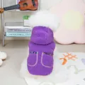 Detail of purple fleece pet hoodie with plush pompom and decorative back pockets - S / Purple
