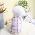 Detail of pink and blue plaid cotton pet dress with white buttons and a metal D-ring for leash - S / Pink