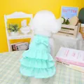 Detail of mint green pet dress featuring a back bow and three-layer ruffled hem design - S / Aqua Green