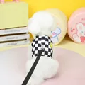Detail eines karierten Hundegeschirrs mit gelbem Smiley-Aufnäher und schwarzer Leine - Schwarz