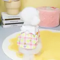 Detail of pet summer dress with pink yellow plaid, floral print and white back bow tie - S / Pink