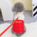 Detail of red and cream pet puffer vest with D-ring and BABY embroidery on back - S / Red