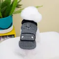 Detail of houndstooth pet coat with black faux fur collar and metal D-ring attachment - S / Black
