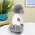 Detailed view of British style pet school uniform with plaid skirt and embroidered M badge - S / Beige