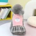 Rosa Plüsch-Haustierkleid mit Bärenstickerei und kariertem Rock für kleine Hunde - S / Rosa