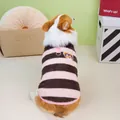 Détail d'un pull en polaire rayé rose et marron pour animal avec col en fourrure et anneau - S / Bordeaux