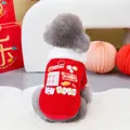 Detail of red corduroy pet vest with Chinese New Year motifs and D-ring harness - S / Peaceful And Joyful Embroidery
