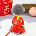 Red pet bodysuit for small dogs featuring festive rabbit print and built-in harness ring - S / Rabbit Year Fortune