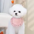 Pink checkered pet bib with Korean embroidery worn by a white Bichon Frise dog - S / Pink