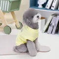 Détail du t-shirt jaune côtelé pour chien avec broderie sur un petit caniche gris - S / Jaune