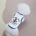 Détail du gilet nautique pour chien avec imprimé ancre et rayures sur un petit chien blanc - S / Bordure bleue blanche ancre noire