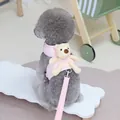 Close-up of pink pet harness with plush bear decor and matching leash for small dogs - S / Pink