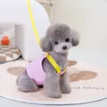 Pink dog harness vest with yellow leash shown on a grey poodle in a cozy home setting - S / Pink
