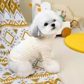 Detail of cream rib-knit pet sweater featuring high neck design and brand label - S / White