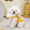 Detail of yellow Chinese style pet vest with floral embroidery and white faux fur trim - S / Yellow