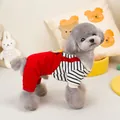 Detalle de mono para mascota en pana roja con top a rayas para perros y gatos - S / Rojo