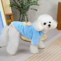 Macro view of light blue coral fleece pet sweater with cartoon bear patch and embroidery - S / Blue