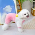 Detail of pink and white plush pet jumpsuit with lucky heart charm on Bichon Frise - S / Pink