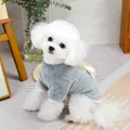 Detail of gray plush pet sweater with musical note embroidery and white ribbed edges - S / Gray
