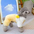 Detail of warm yellow and white plush pet duck pajamas worn by a grey poodle - S / Yellow