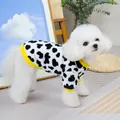 Detail of cow-print fleece pet vest with yellow ribbed trim for small dogs and cats - S / Yellow