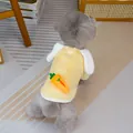 Detail of warm yellow plush pet vest featuring white wings, carrot, and a D-ring - S / Yellow