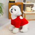 Detail of red plush pet hoodie with white wing decor on a small dog in home setting - S / Red