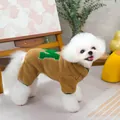 Detail of a brown fleece pet jumpsuit with a green embroidered M on a white dog - S / Coffee