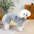 Close-up of plush grey pet onesie with black label on a small white poodle dog - S / Gray