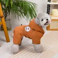 Detailed close-up of a caramel dog bodysuit featuring a cute bear embroidery and hood - S / Brown