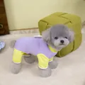 Detail of purple pet onesie with yellow cuffs and white 3D wings on the back - Purple