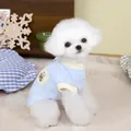 Dettaglio della maglietta azzurra in mesh per animali con tasca a orsetto e bordi gialli - S / Blu