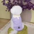 Detail of purple striped pet vest with Happy Dog patch and built-in leash ring hook - S / Purple Stripe