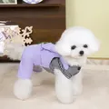 Detail of lavender pet overalls with small pocket and black-white striped shirt - S / Purple