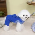Detail of pet jumpsuit with blue striped shirt and navy overalls on a white dog - S / Blue